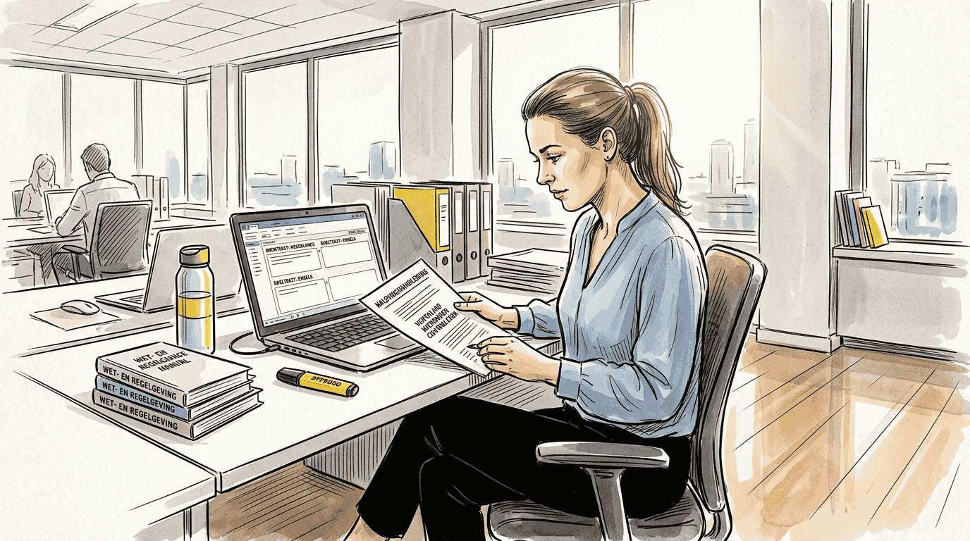 Een vrouw bekijkt het vertaalproces op haar kantoor met uitzicht over de stad.