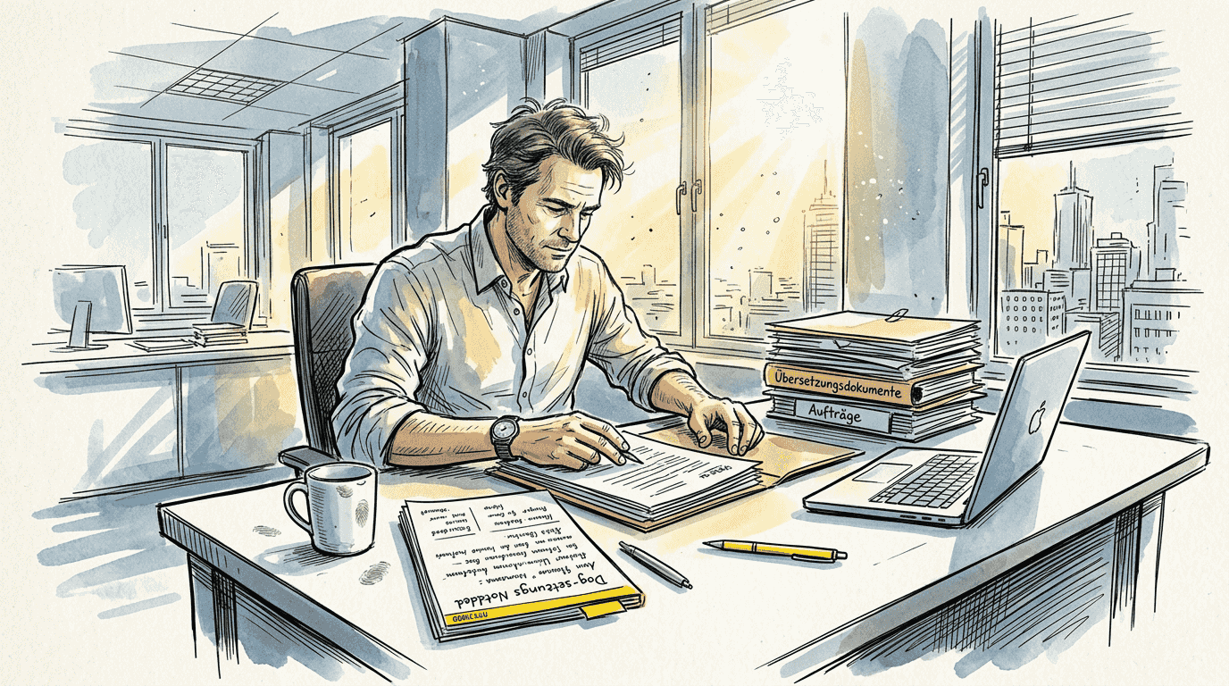 In einem lichtdurchfluteten Büro arbeitet ein Mann konzentriert an Übersetzungsunterlagen.