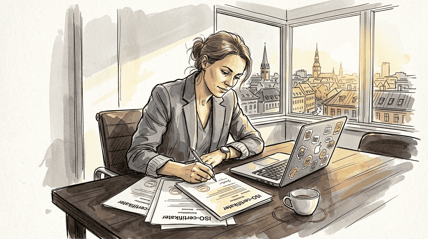 Projektlederen sidder på kontoret og gennemgår papirerne.