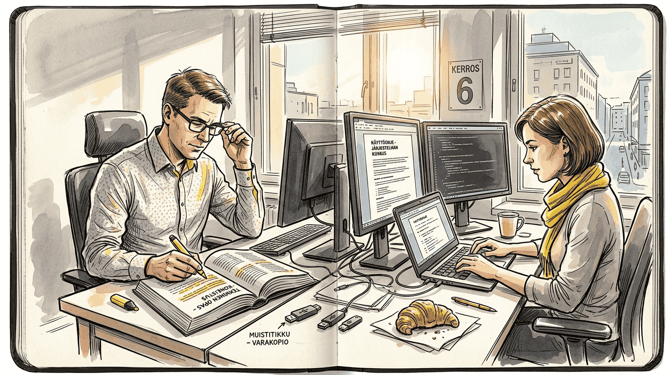 Teknisen alan kääntäjät käyvät yhdessä läpi asiakirjoja ja tarkistavat niiden sisällön.