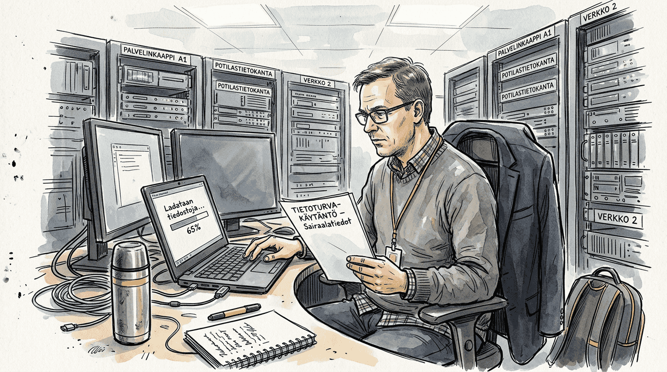 Terveydenhuollon IT-asiantuntija huolehtii tietoturvallisesta käännöstiedostojen lataamisesta järjestelmään.