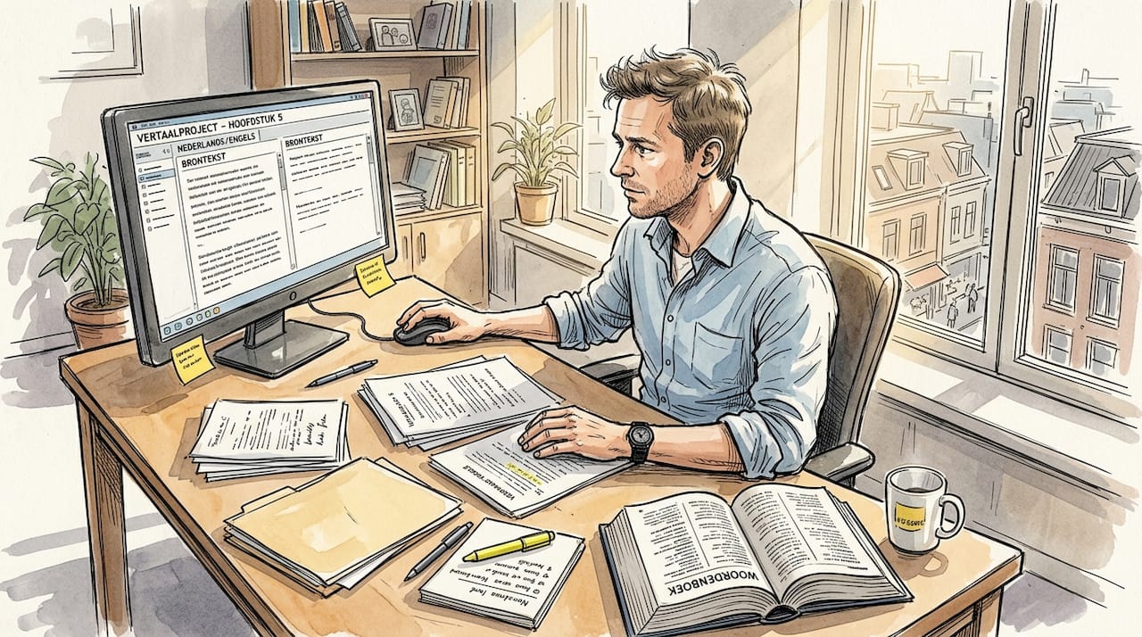 Achter zijn bureau buigt de vertaler zich over digitale bestanden.