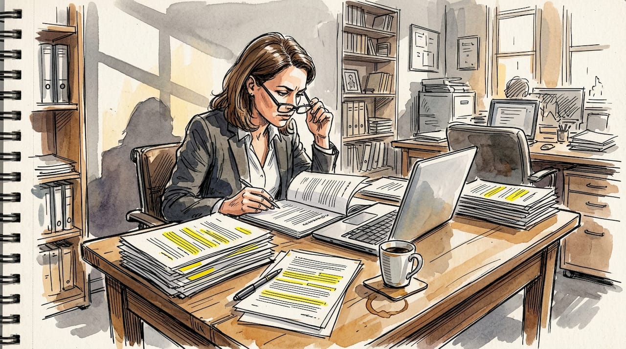 Een jurist kijkt juridische contracten na die vertaald zijn