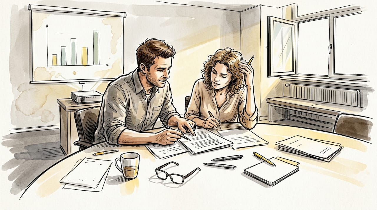 Am Tisch tauschen sich die Kollegen über ihre Übersetzungsergebnisse aus und vergleichen diese miteinander.