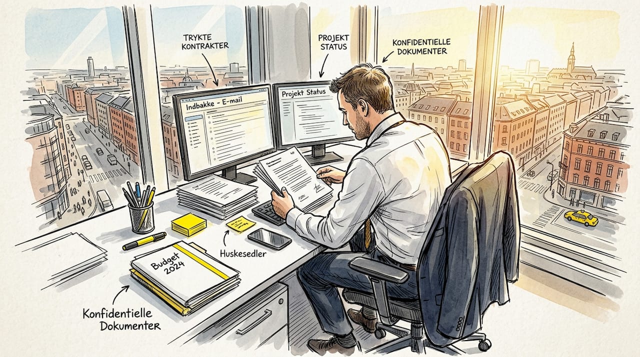 Projektlederen sætter sig ind i dokumenterne for at sikre, at databeskyttelsen er i orden.