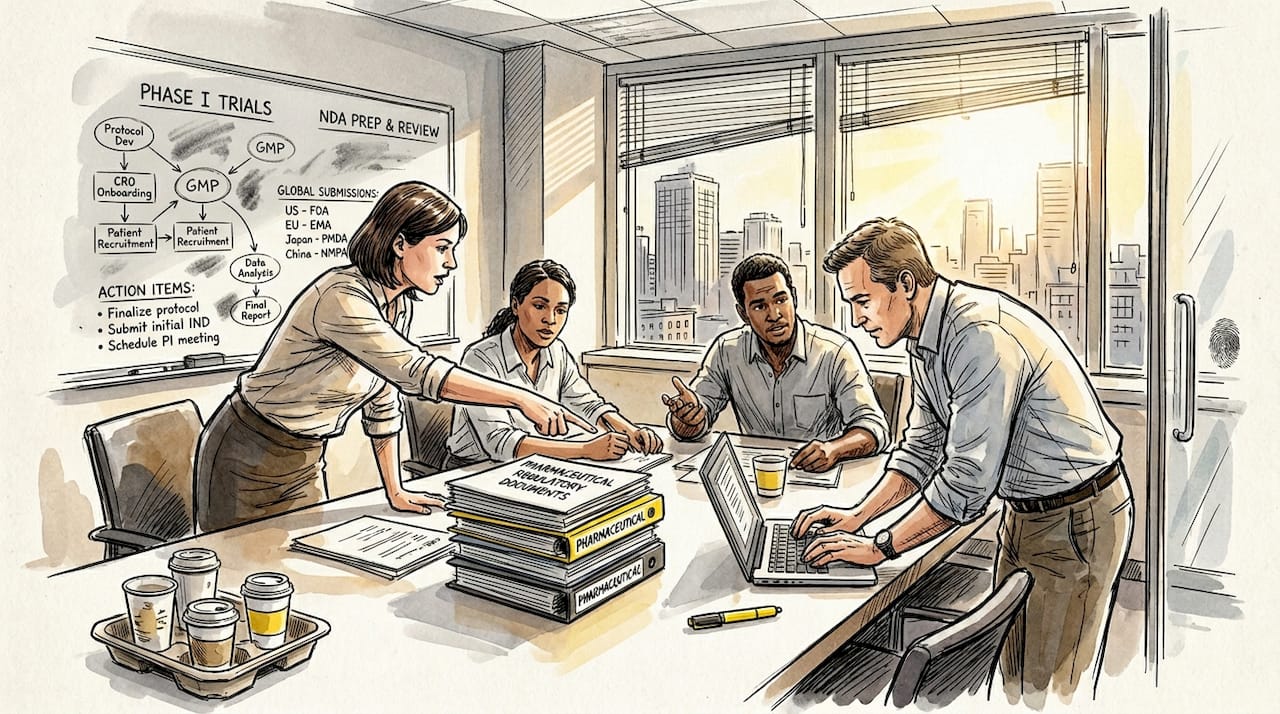 Team reviewing pharma translations in bright office