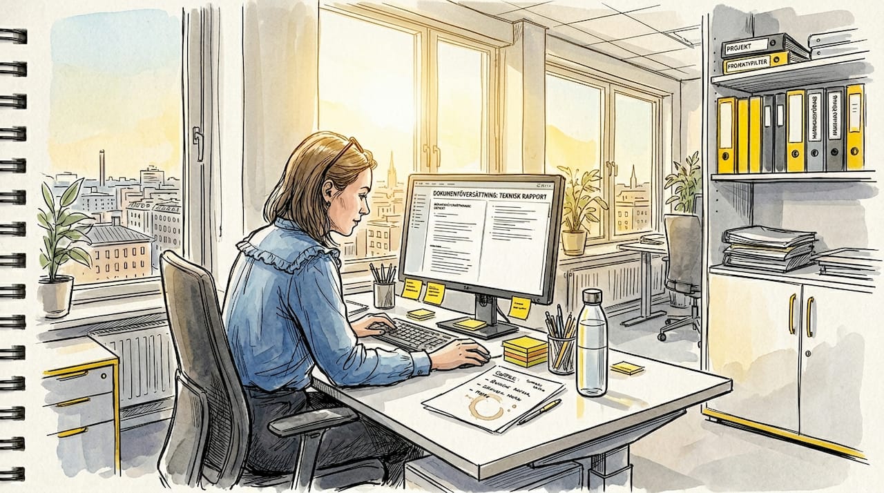 En kvinna går igenom ISO-dokument på sitt kontor