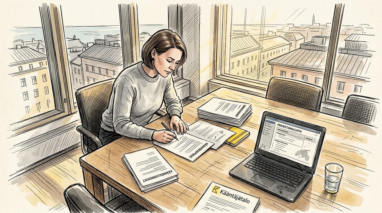 Projektipäällikkö käy läpi käännössopimusta toimistolla.