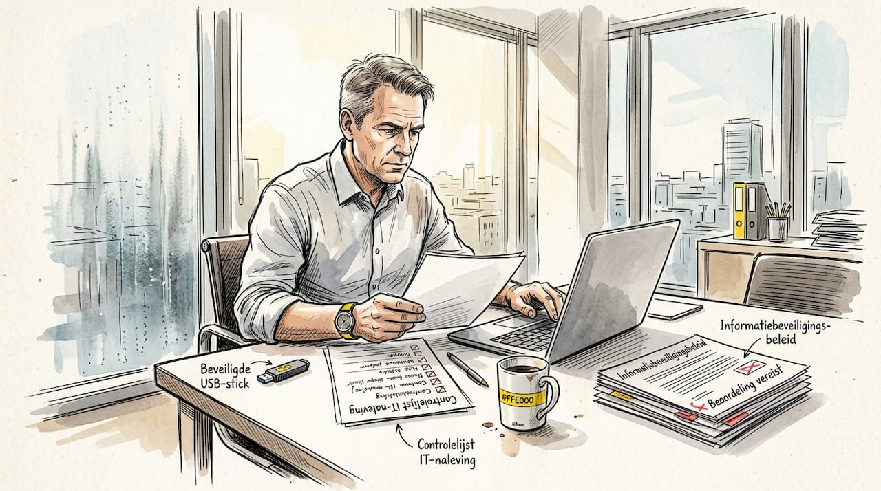 Een compliance manager loopt de checklist voor gegevensbeveiliging zorgvuldig na.