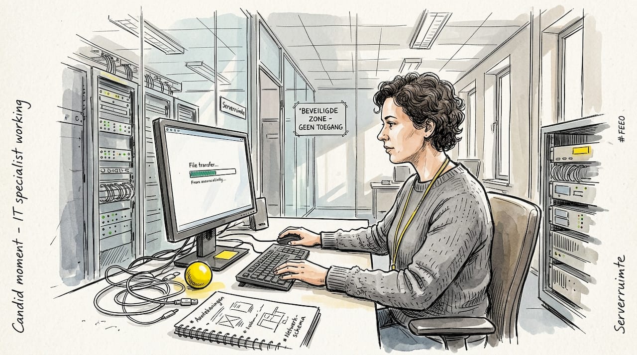 Een specialist die via een beveiligde werkplek bestanden uploadt