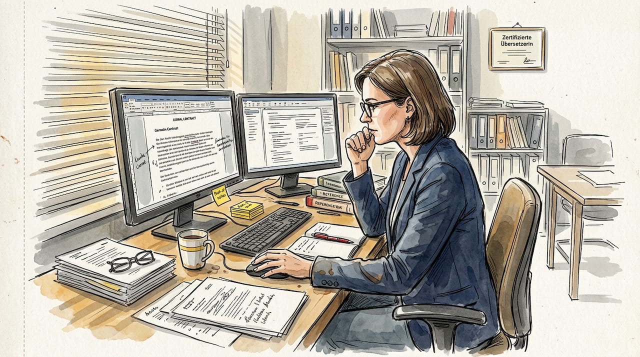 Eine Übersetzerin überarbeitet einen Text an ihrem Schreibtisch im Büro.