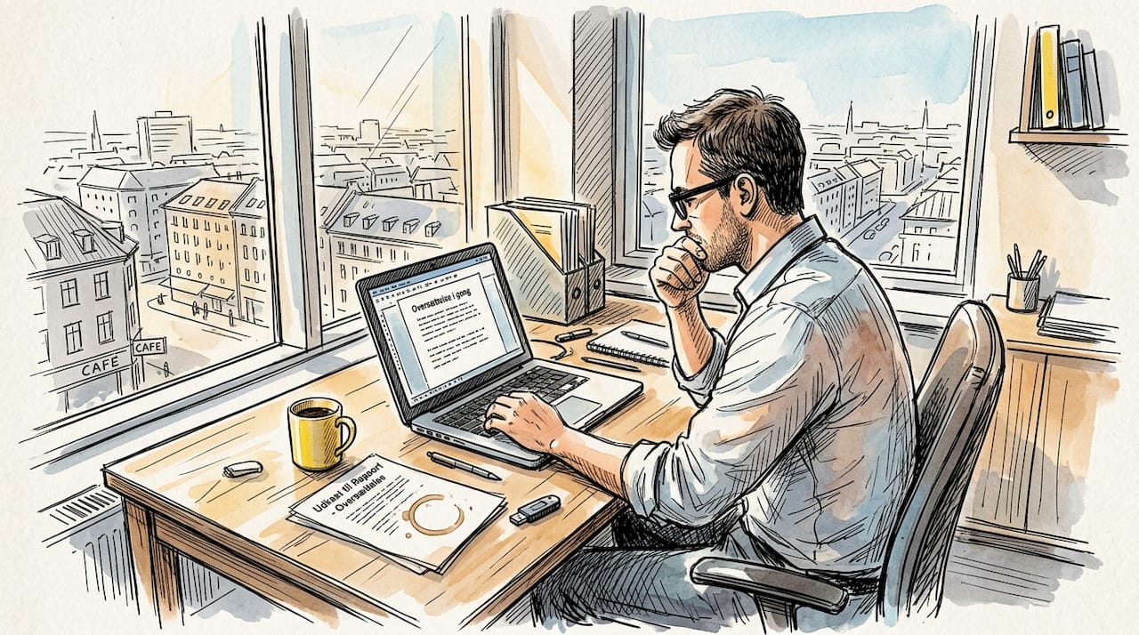 Mand sidder på sit hjørnekontor og gennemgår et oversættelsesdokument