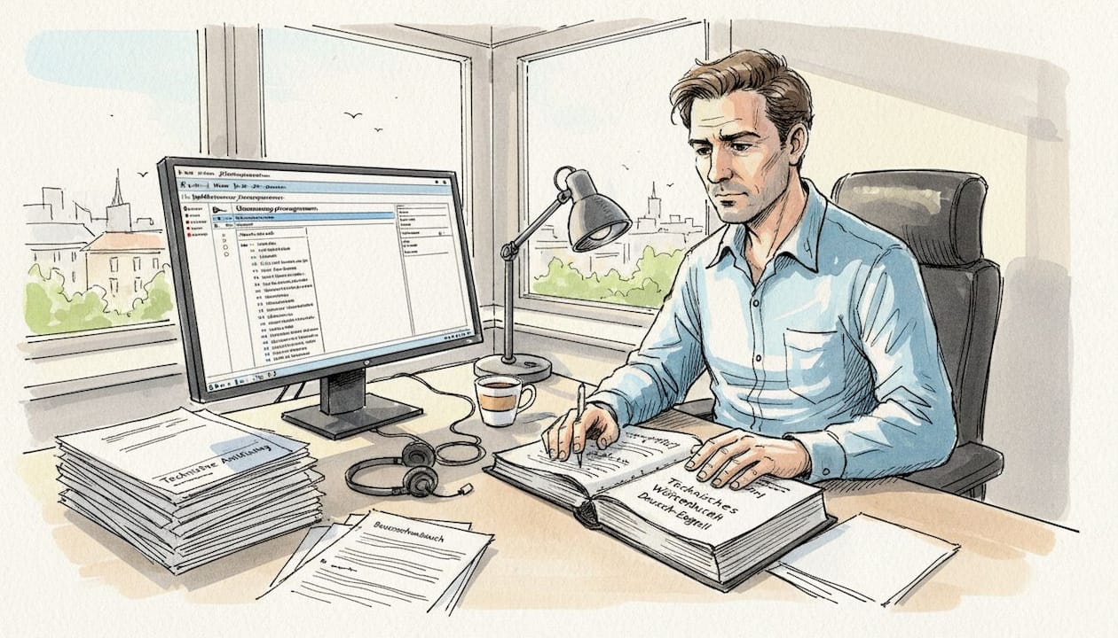 Ein Fachübersetzer vertieft sich am Schreibtisch in seine Dokumente.