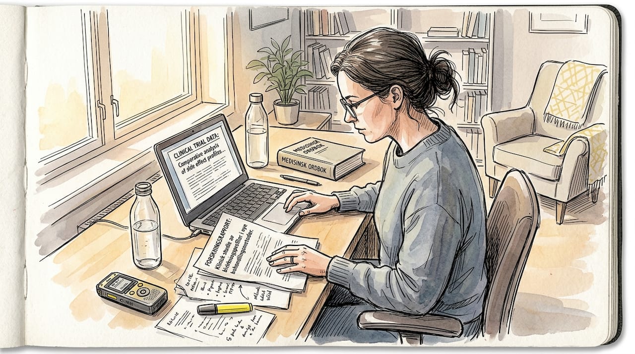 En oversetter går nøye gjennom medisinske dokumenter ved skrivebordet.