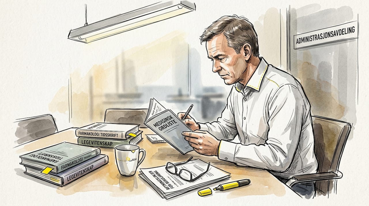 En fagperson går nøye gjennom en trykt medisinsk ordliste.