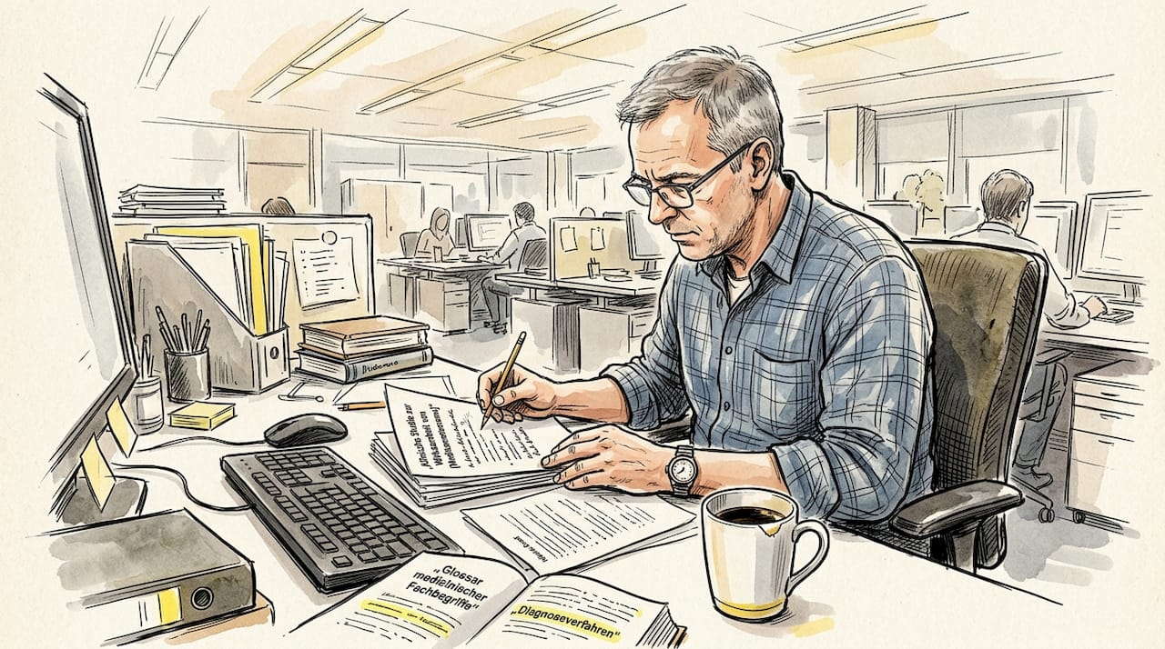 Ein Mann prüft medizinische Unterlagen und macht sich dazu Notizen.