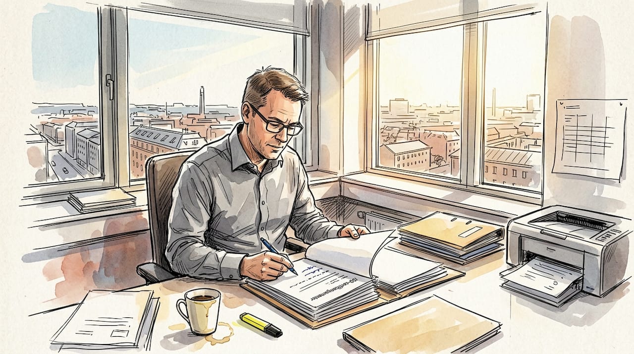 Projektlederen gennemgår ISO-dokumenter på sit kontor.