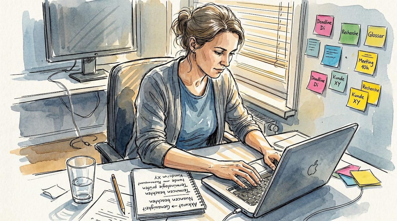 Eine Frau arbeitet im Homeoffice und übersetzt am Schreibtisch.