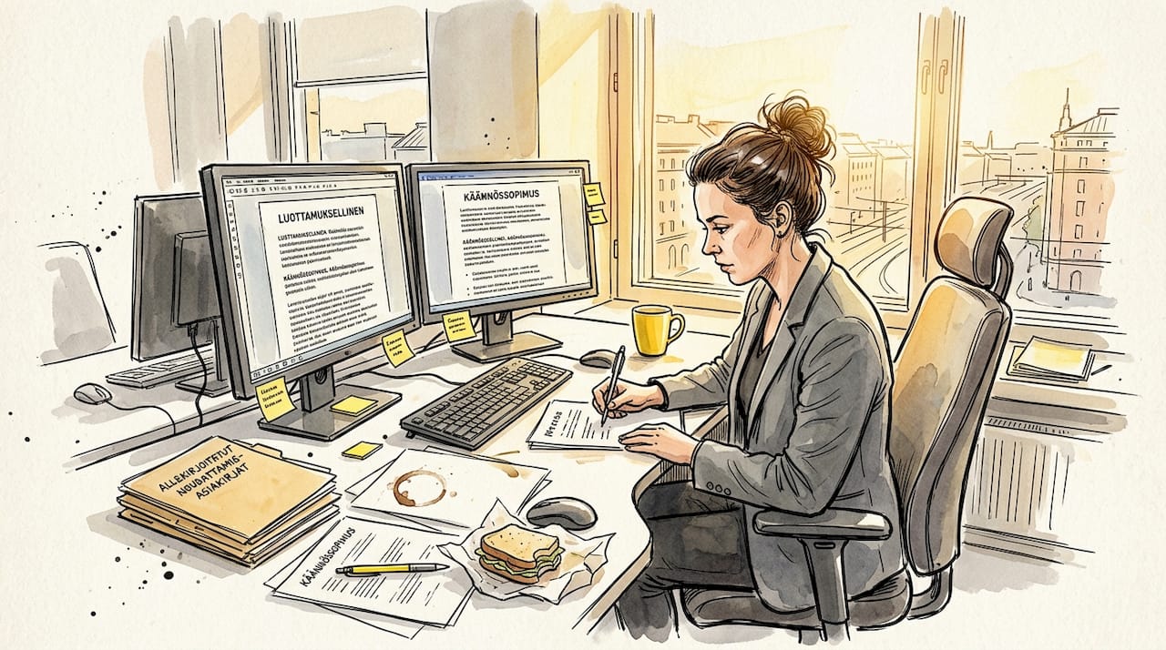 Kääntäjä käy läpi luottamuksellisia asiakirjoja valoisassa toimistossa.