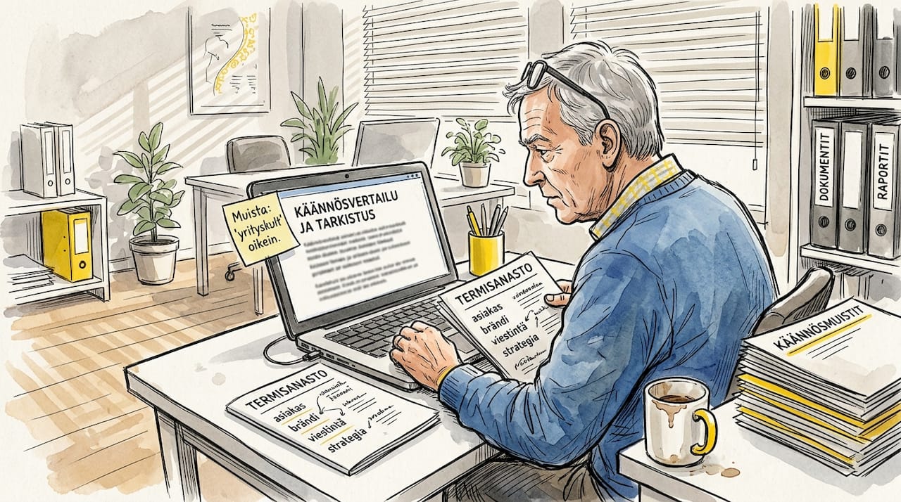 Kieliasiantuntija viimeistelee käännöstä paperipinojen keskellä.