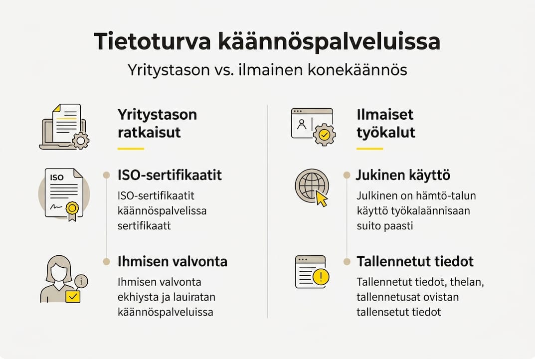 Infografiikka havainnollistaa eri käännöspalveluiden tietoturvan tasoja