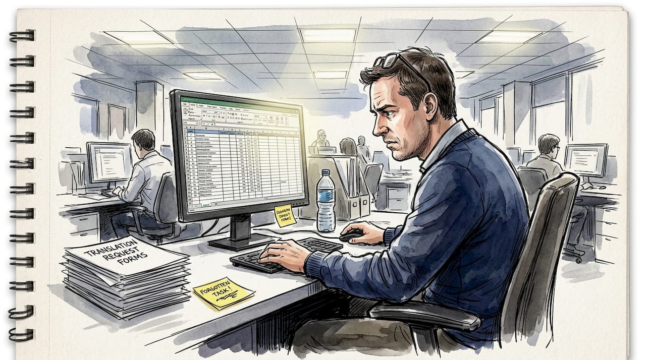 Specialist managing translation workflow stress