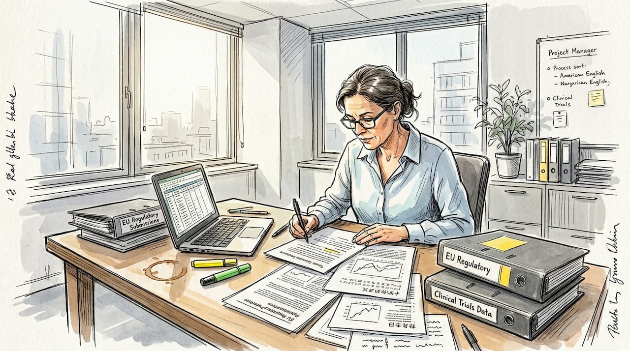 Project manager reviewing multilingual drug documents