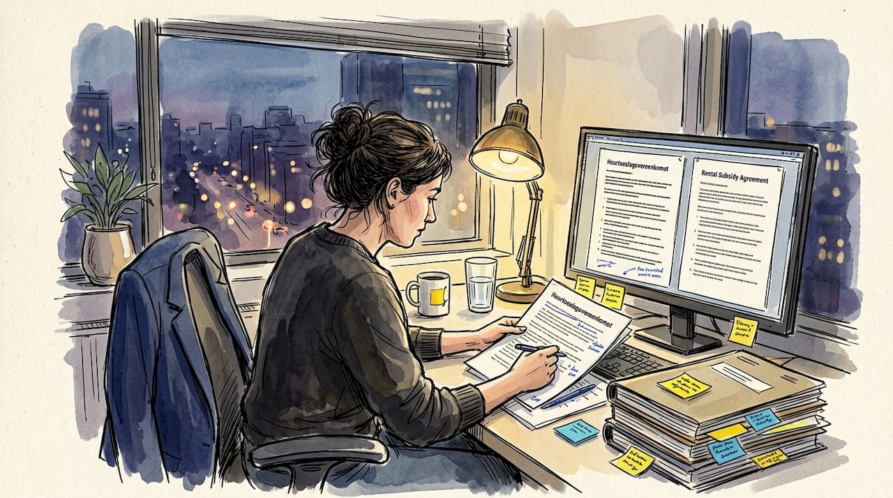 Terwijl de avond valt, zit een juridisch vertaler bij het raam aandachtig een document door te nemen.