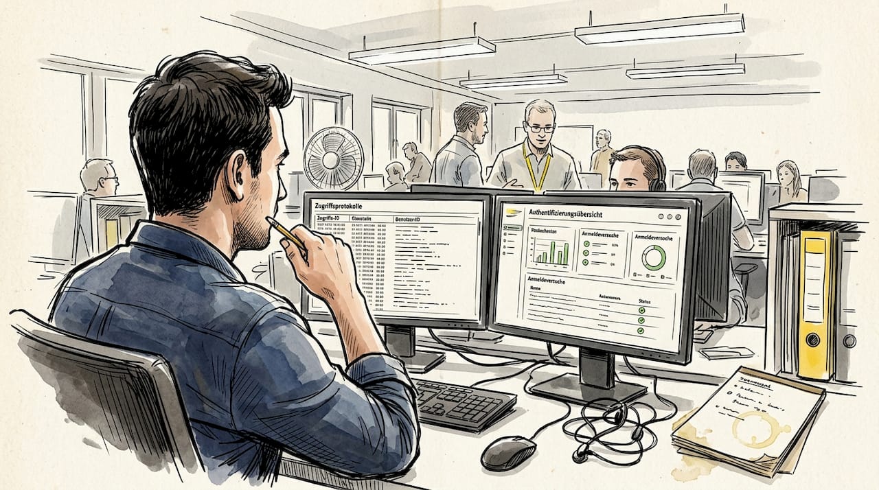 Ein IT-Experte kontrolliert im Büro die Zugriffsprotokolle auf sensible Daten.