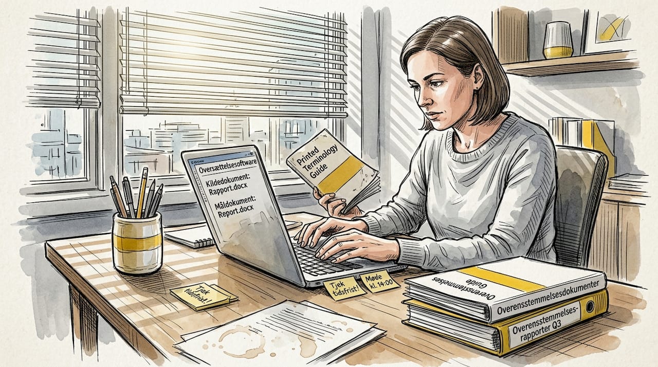 En fagspecialist gennemgår oversættelsesterminologi på kontoret.