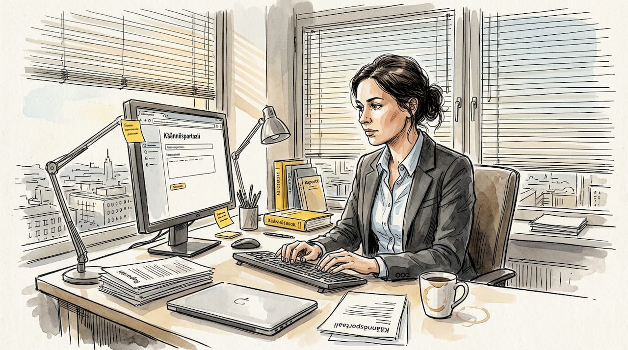 Käännösalan ammattilainen työskentelee turvallisella toimistopisteellä