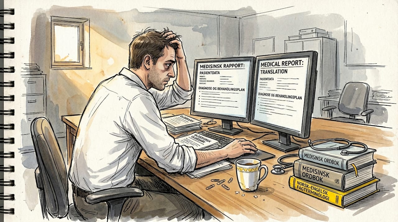Oversetter går gjennom medisinske dokumenter i et felles arbeidsområde