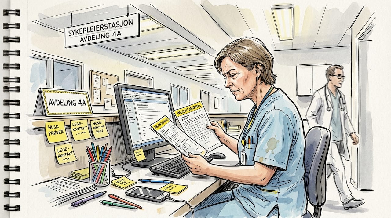 En sykepleier går gjennom pasientjournalene ved vaktrommet.