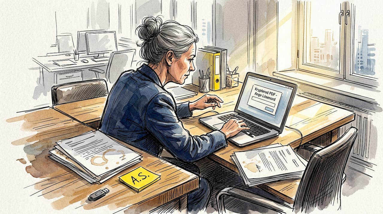 En kvinna går igenom säkerhetsrelaterade dokument på sitt kontor.