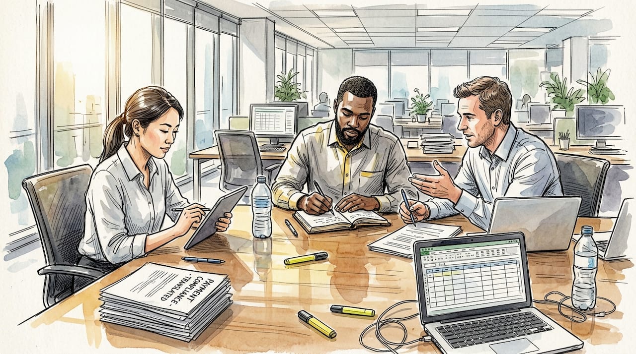 Compliance professionals reviewing multilingual payment documents