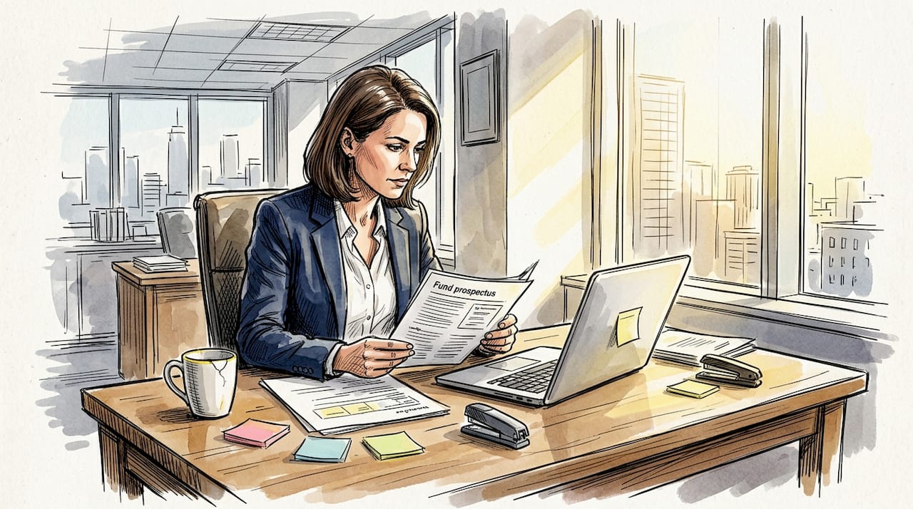 Compliance manager reviewing fund prospectus documents