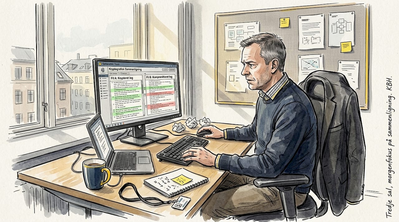 En IT-konsulent sidder ved sit skrivebord og gennemgår fortrolige, krypterede data.