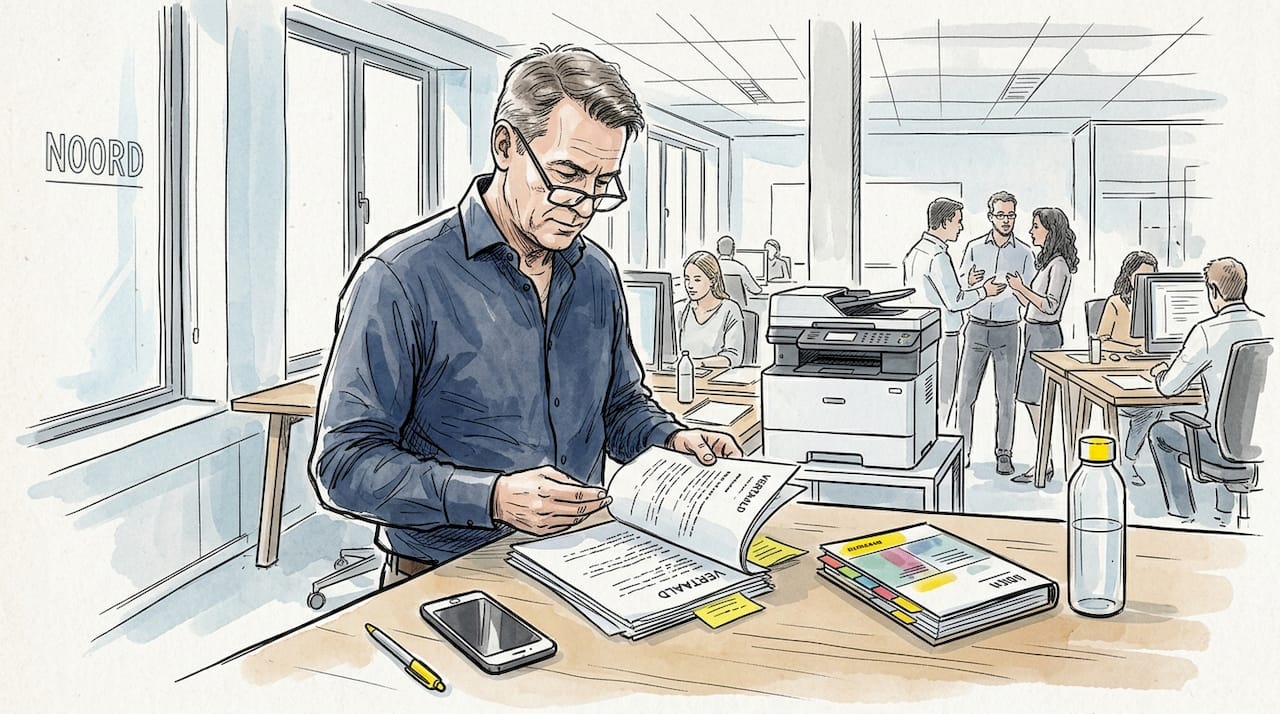 Een man bladert door geprinte hybride vertalingen op kantoor.