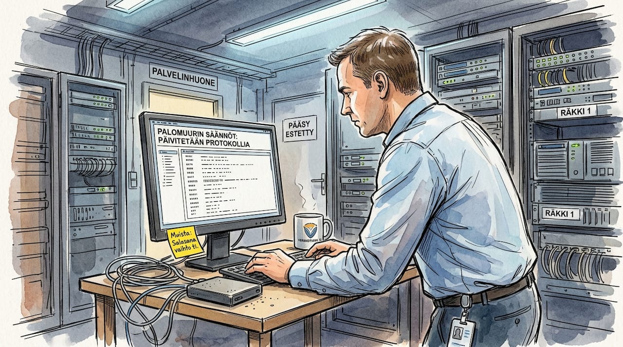 IT-asiantuntija päivittämässä palvelimen tietoturva-asetuksia konesalissa.