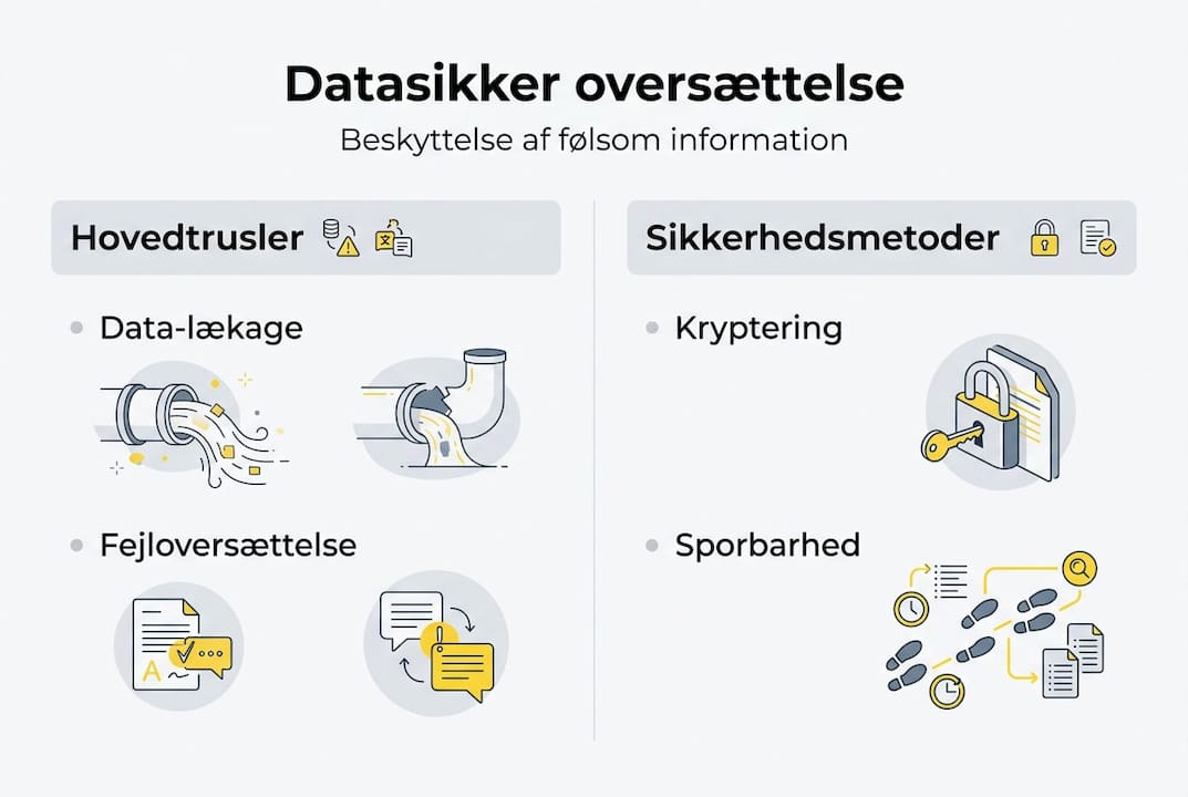 Grafisk oversigt over potentielle trusler og effektive sikkerhedsstrategier ved oversættelse af følsomme data