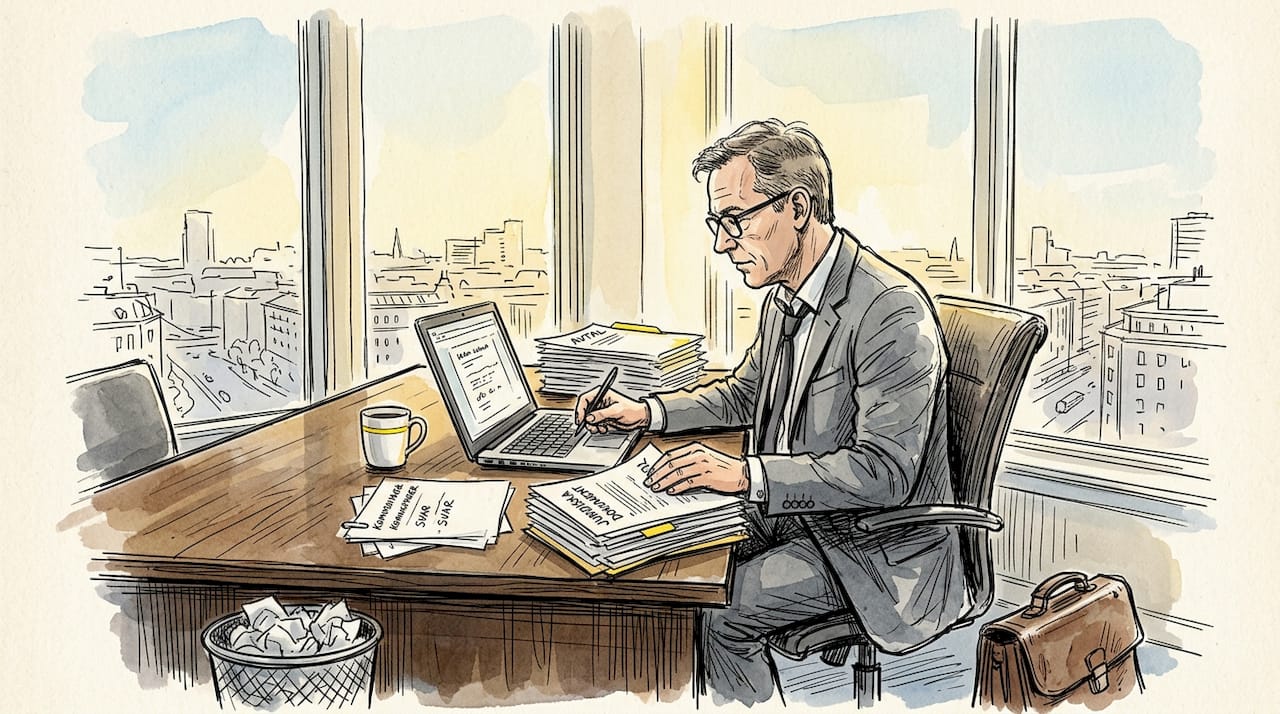 En jurist går igenom papper på kontoret i det tidiga morgonljuset.