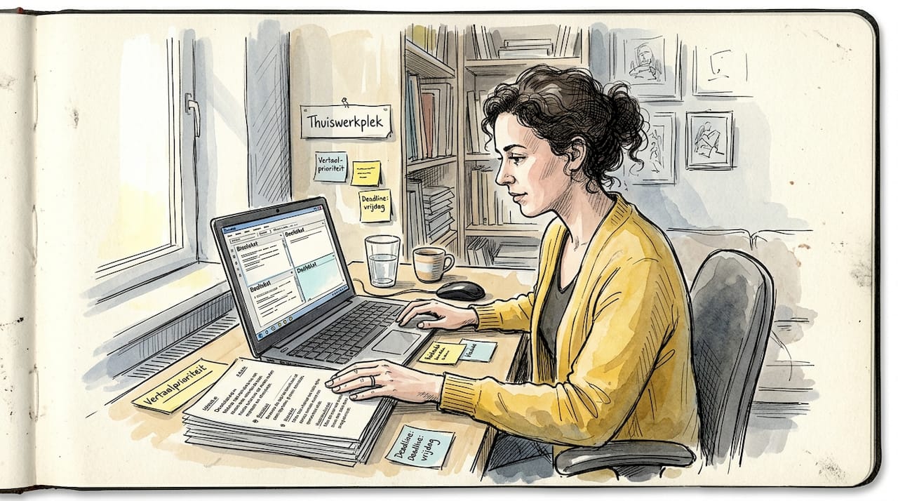 Een vrouw zit achter haar bureau en gebruikt vertaalsoftware op haar computer.