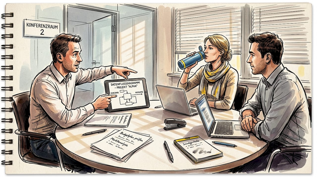 Das Team setzt sich am Konferenztisch zusammen, um mögliche Risiken bei der Einführung von KI zu besprechen.