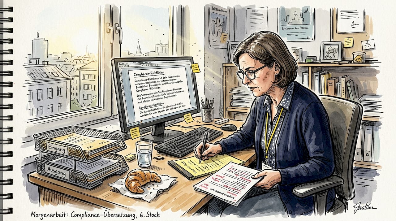 Ein Sprachexperte prüft und vergleicht im Büro verschiedene Compliance-Dokumente auf ihre Übereinstimmung.