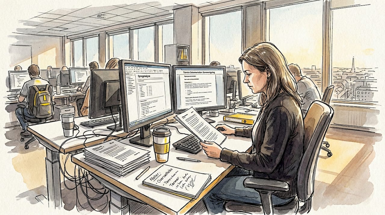En AI-sprogspecialist sidder og arbejder ved sit skrivebord på kontoret.