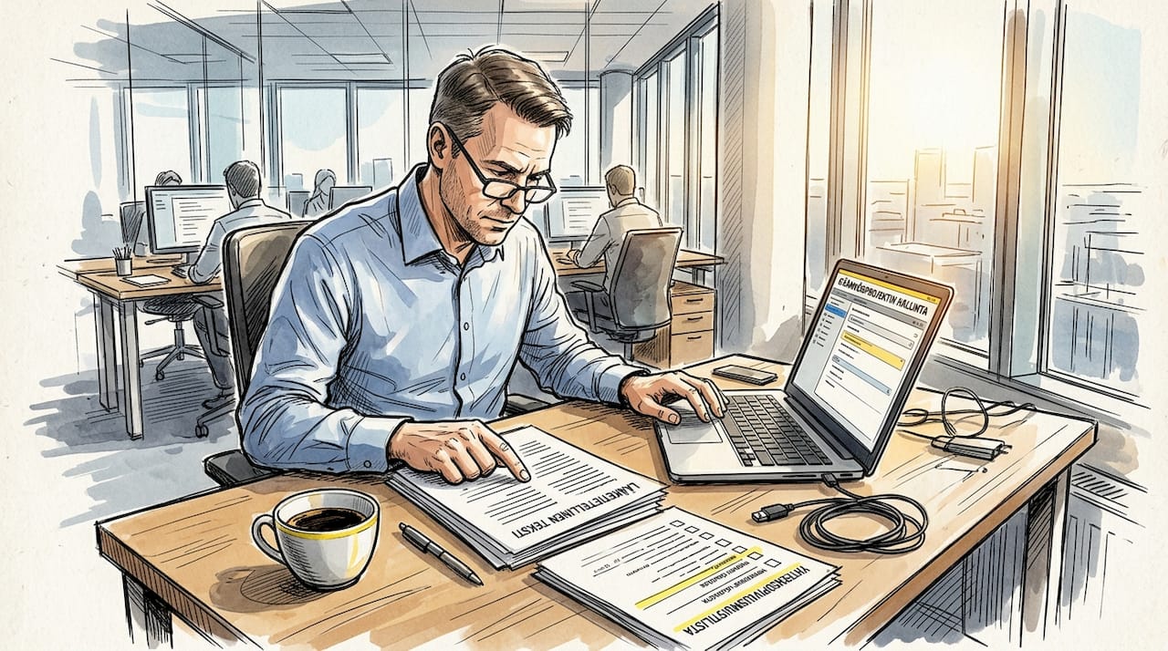 Käännöspäällikkö tarkastelee asiakirjoja työhuoneessaan.