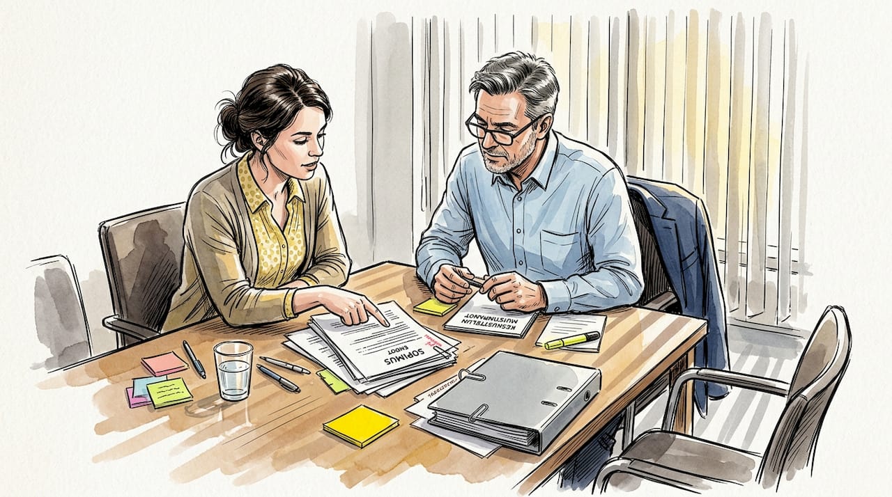 Tiimi käy läpi kaksikielistä lakitekstiä yhdessä neuvottelupöydän äärellä.