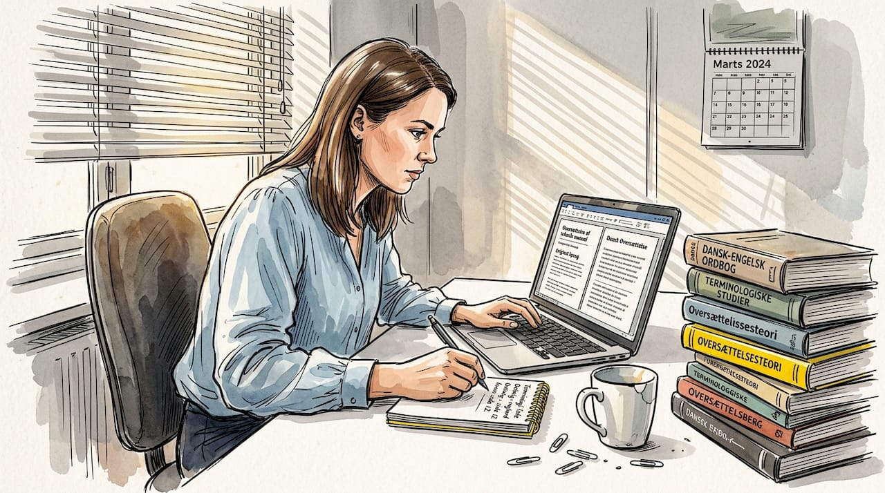Oversætter gennemgår tosproget dokument hjemme fra sit kontor