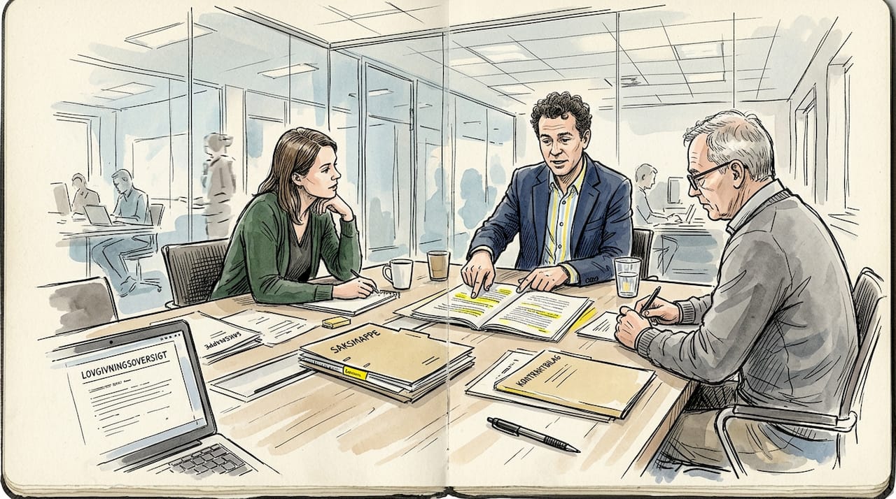 Juridisk oversætter gennemgår kontrakten sammen med kollegerne