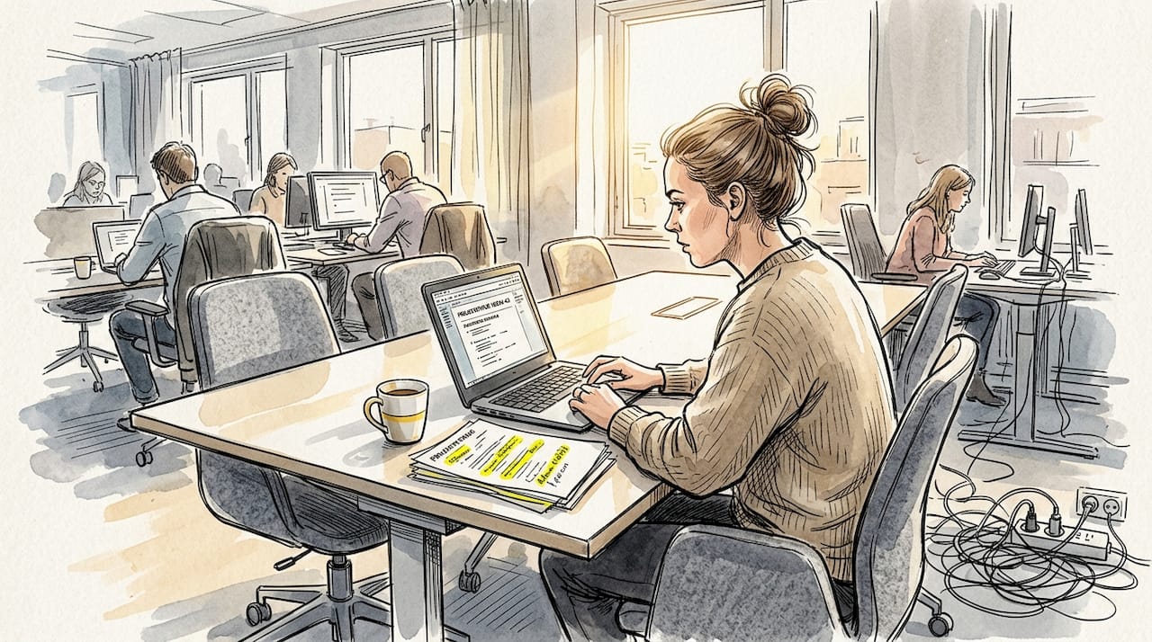 En kvinna sitter och jobbar vid sin laptop på ett öppet kontor.